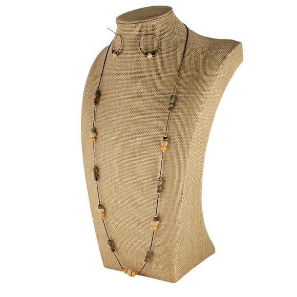 Beaded Hoop Earrings, Long 30" Bead Necklace Set Mixed Green Brown Silver Tone - Picture 11 of 14